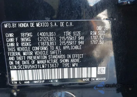 2020 Honda Hr-V 2Wd Lx z USA, uszkodzony, nr VIN 3CZRU5H31LM713637